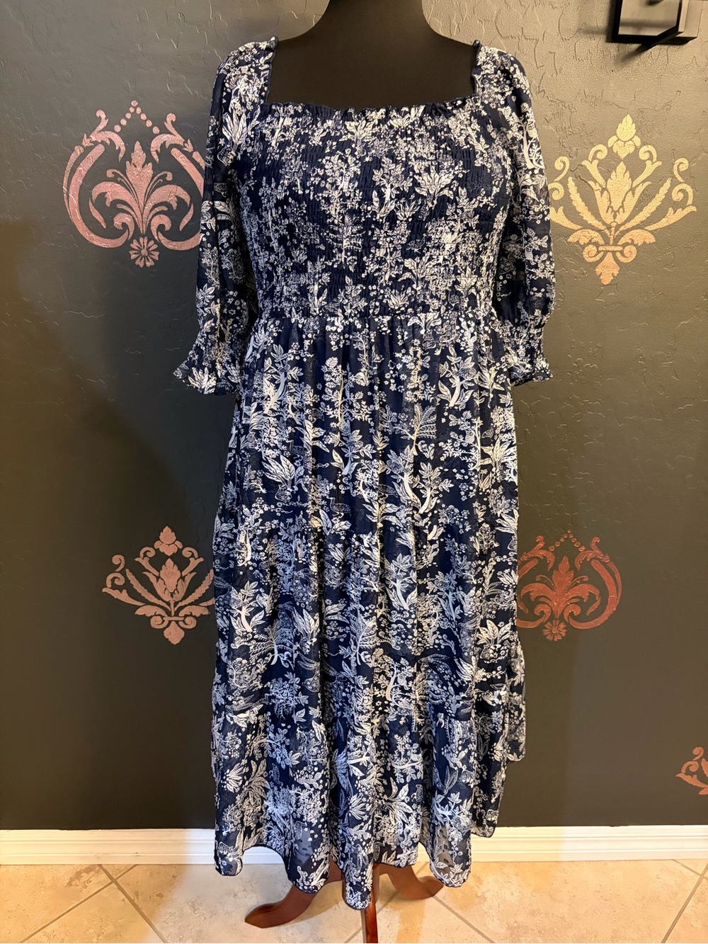 Baltic Born Navy and White Floral Smocked Midi Dress